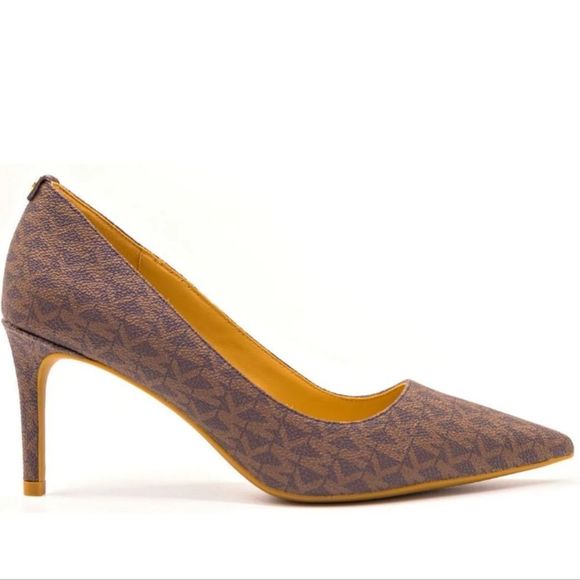 New Michael Michael Kors logo MK High Heel Monogram Pointed Pumps 5 black gold - Picture 3 of 4